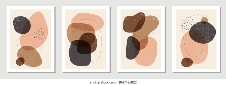 Set Of Minimalist Posters With Abstract Organic Shapes Composition In Trendy Contemporary Collage Style, Can Be Used For Art Gallery, Wall Decoration, Interior Design