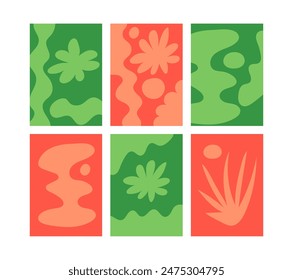 Set of minimalist posters with abstract organic shapes. Vector flat illustration. Monochrome silhouettes of flowers, grass and shapes