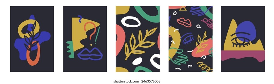 Conjunto de carteles minimalistas con Formas abstractas toscas. Paquete de composiciones modernas de tarjetas de mediados de siglo
