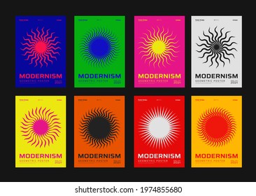 Set of minimalist posters with abstract sun shapes. Meta modern covers. Swiss design pattern. Futuristic geometric composition.  Collection of futuristic shapes.