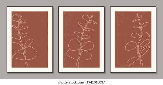 Set of minimalist posters with botanical branch and leaves abstract collage