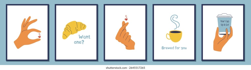  Set of minimalist posters with coffee, croissant, hands holding takeaway cups. Concept for coffee shop, bakery design. Modern wall art prints for coffee lovers. Vector illustrations.