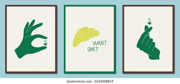 
Set of minimalist posters with coffee cup, hand gestures and croissant. Concept for coffee shop, bakery or cafe decoration. Vintage wall art prints for coffee lovers. Vector illustrations.