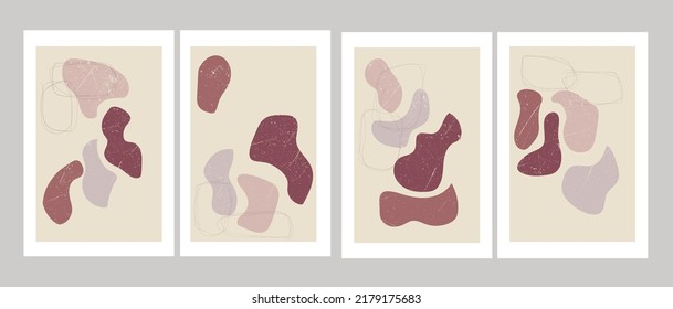 A set of minimalist posters with a composition of abstract organic shapes in a trendy modern collage style. For art gallery, wall decoration, interior design, flyer, banner, postcard, poster