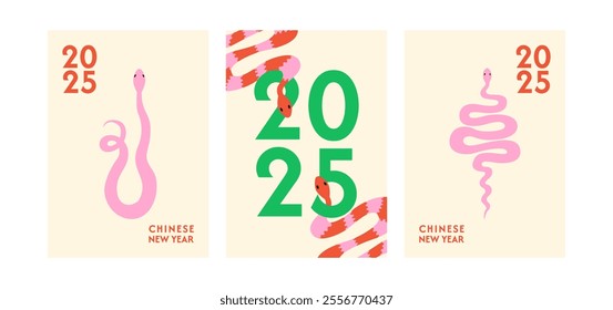 Set of minimalist posters with cute snakes and 2025 chinese new year text. Vector flat illustrations of zodiac symbol. Chinese new year greeting cards