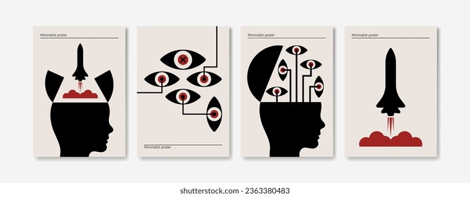 A set of minimalist posters on the theme of technology and science. Vector illustration.