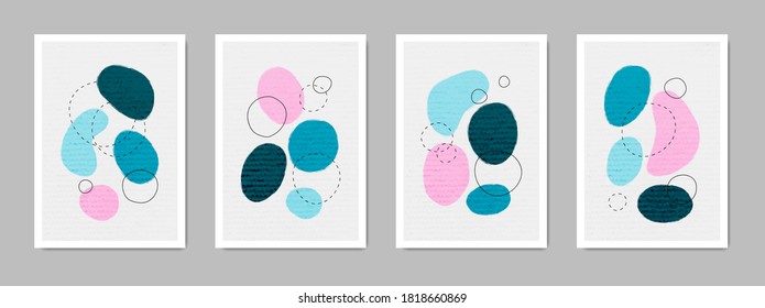 Set of minimalist posters with oval shapes. Hand painted vector texture. Geometric contemporary collage illustration. Suitable for brochures, wall decoration, postcards, newsletter, flayers, covers.