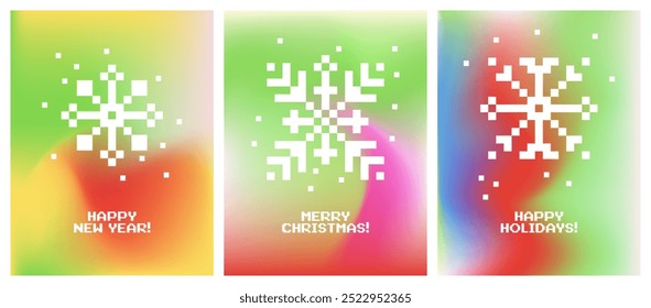 Set of minimalist posters with pixel snowflakes. Colorful winter season  vertical vector banner. Christmas, New Year design for holiday greetings card, festive decoration. Blurred gradient background