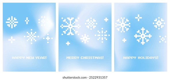 Conjunto de cartazes minimalistas com flocos de neve. inverno estação pastel azul cores vetor vertical banner. Design de Natal para cartão, saudações de férias, decoração festiva. Fundo de gradiente do céu borrado