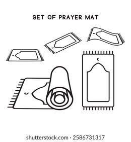Set of minimalist prayer mat or prayer rug icons in various positions, including rolled and flat. Simple line art style, perfect for Ramadan, Islamic content, apps, and educational materials.