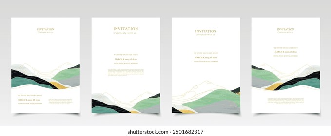 Set von minimalistischen Premium-Design-Einladungen mit Berglandschaft. Einladungssatz für Hochzeiten. Entwurfsvorlage für Ereignisflyer. Rückzug in die Natur. Sammlung abstrakter Hintergründe mit Wellen. Gebirge