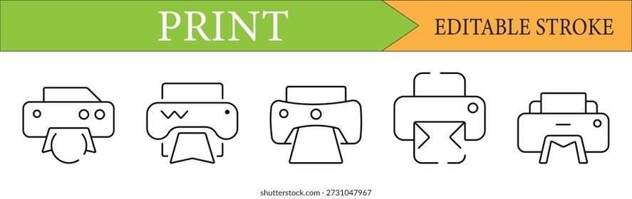 Conjunto de Ícones Minimalistas de Impressora e Equipamento de Escritório com Traço Editável para UI UX Design.

