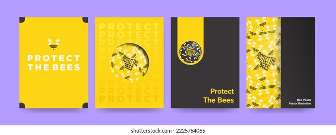 
Set of Minimalist Protect The Bees Poster. Creative posters about bees. Editable with copy space. For posters, cards, covers, leaflets, flyers, brochures, documents. Vector Illustration. EPS 10.