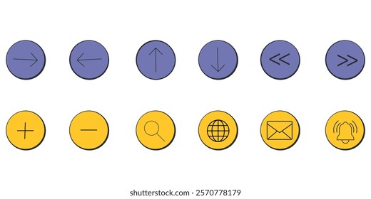 Set of minimalist purple and yellow circular icons with directional and functional symbols. Window, social media app templates. 80s 90s old computer UI elements and vintage aesthetic icons.