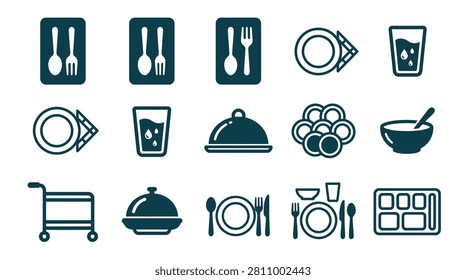 Set of minimalist restaurant and dining service icons featuring dark silhouettes of cutlery, plates, napkins, water glasses, food cloches, a service cart, and full place settings.