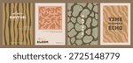 Set of minimalist retro posters featuring organic waves, stripes, botanical patterns, and abstract shapes. Vertical templates with grunge textures for interior decor, wall art, covers, web design.