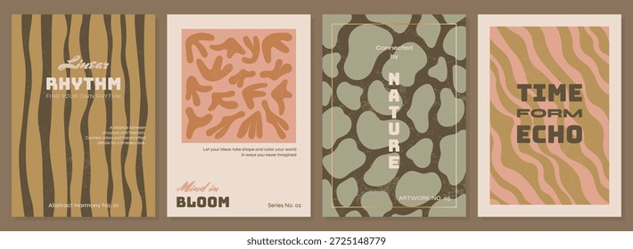 Conjunto de carteles retro minimalistas con ondas orgánicas, rayas, patrones botánicos y Formas abstractas. Plantillas de Vertical con texturas grunge para decoración de interiores, arte de la pared, cubiertas, Diseño web.