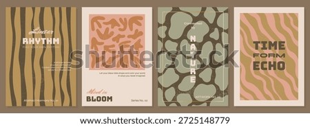Set of minimalist retro posters featuring organic waves, stripes, botanical patterns, and abstract shapes. Vertical templates with grunge textures for interior decor, wall art, covers, web design.