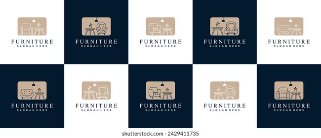 set of minimalist room interior logo furniture chairs and tables design vector