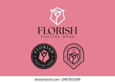 Set von minimalistischen Rosenblume mit Sunrise Line Art Badge Logo Design. Einfaches modernes Blumenrosenlogo-Konzept. Feminines Rosenblumen-Logo für Schönheitspflege, Spa, Salon, Kosmetik oder Boutique-Geschäft