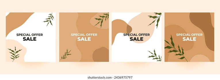 Set minimalist sale square banner template for social media posts, mobile apps, banners design, web or internet ads. Trendy abstract square template with natural concept.