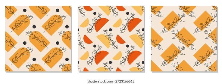 Conjunto de patrón sin fisuras minimalista con composición de hojas abstractas en estilo de collage contemporáneo de moda