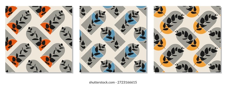 Conjunto de patrón sin fisuras minimalista con composición de hojas abstractas en estilo de collage contemporáneo de moda