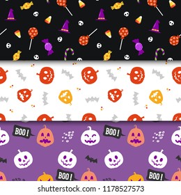 Set of minimalist seamless pattern print design. Repeatable endless background with witch hat, pumpkin, skull, candy, bat