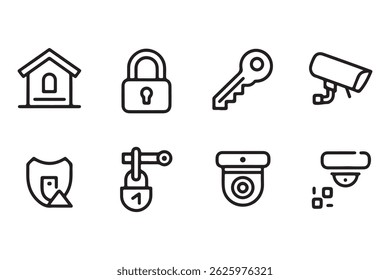 Set of minimalist security and protection icons representing home safety and surveillance elements