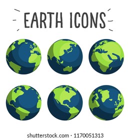 Set of minimalist shape earth icons in flat design trend. Different globe map views