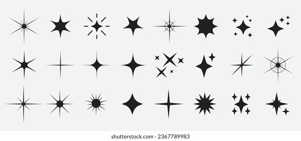 Set minimalist silhouette stars icon, twinkle star shape symbols. Modern geometric elements, shining star icons, abstract sparkle black silhouettes.Eps 10