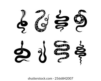 Set of minimalist silhouettes of mystical snakes. Vector flat illustration on isolated background. Symbol of the chinese lunar new year. 