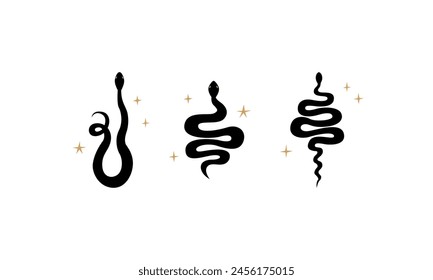 Set of minimalist silhouettes of snakes. Vector flat illustration in boho style. Reptile symbols