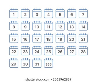 Set of minimalist and simple numbered monthly and yearly calendar, schedule, planner and scheduler icons.
