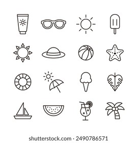 A set of minimalist and simple summer concept line icon illustrations. Ice cream, watermelon, starfish, sun, tube, parasol, sunscreen, sunglasses, palm tree, drink, boat, hat.