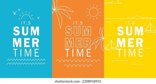 establecer un fondo de vector de diseño vertical de tiempo de verano simple minimalista. tema de diseño simple de sol, playa, barco y contorno de olas