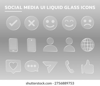 Set of minimalist social media interface elements in a liquid glass effect