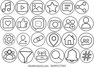 Um conjunto minimalista de ícones de linha de mídia social, incluindo música, vídeo, bate-papo, curtidas, perfis de usuário e muito mais. Ideal para aplicativos, Web e designs de interface de usuário.