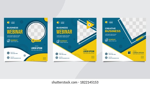 Set of minimalist social media post template for Business Webinar, Creative webinar, Online Education and other online seminars. with Blue and Yellow background