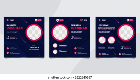 Set of minimalist social media post template for Business Webinar, Creative webinar, Online Education and other online seminars. with Dark Blue and Red background