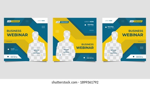 Set of minimalist social media post template for Business Webinar, Creative webinar, Online Education and other online seminars. with Blue and Yellow background