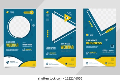 Set of minimalist social media stories post template for Business Webinar, Creative webinar, Online Education and other online seminars. Memphis style with Blue and Yellow background