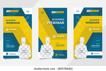 Set of minimalist social media stories post template for Business Webinar, Creative webinar, Online Education and other online seminars. with Blue and Yellow background