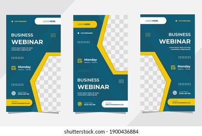 Set of minimalist social media stories post template for Business Webinar, Creative webinar, Online Education and other online seminars. with Green, blue and Yellow background