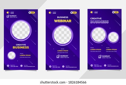 Set of minimalist social media story post template for Creative webinar, Business Webinar, Online Education and other online seminars. with Dark purple and luxury background