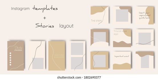 Set Of Minimalist Social Media Templates. Backgrounds For Posts And Stories. Square Backgrounds With Organic Shapes And Lines