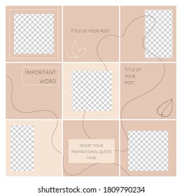 Set of minimalist social media templates. Editable vector  post templates. Square abstract minimalist leaves background in pastel colours