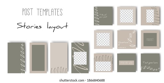 Set of minimalist social media templates. Backgrounds for posts and stories. Square backgrounds with geometric shapes and lines