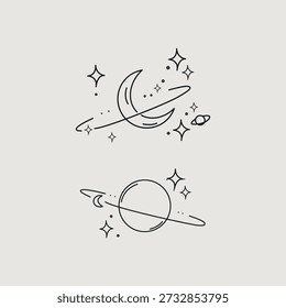 Set von minimalistischen Weltraum-Illustrationen mit Halbmond, Saturn-Planet und funkelnden Sternen im kontinuierlichen Linien-Kunststil