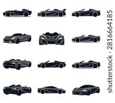 A set of minimalist speedster car silhouettes featuring aerodynamic body designs in a monochrome illustration style, perfect for automotive graphic projects.